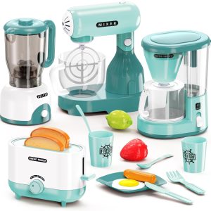 Kids Play Kitchen Accessories Toys Set, Pretend Play Kitchen Appliances Kit - Blender, Coffee Maker, Mixer, Toasters with Light & Sound, Playhouse Role Play Toy Gift for Girl Ages 3 4 5 6