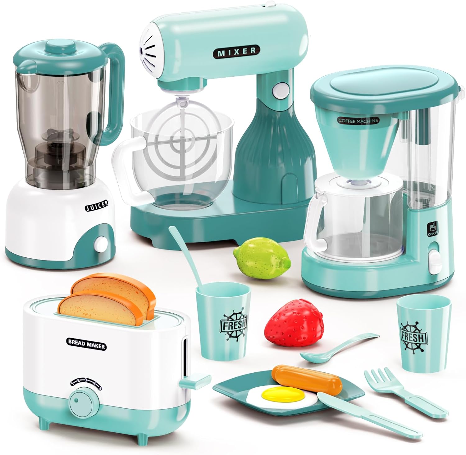 Kids Play Kitchen Accessories Toys Set, Pretend Play Kitchen Appliances Kit – Blender, Coffee Maker, Mixer, Toasters with Light & Sound, Playhouse Role Play Toy Gift for Girl Ages 3 4 5 6