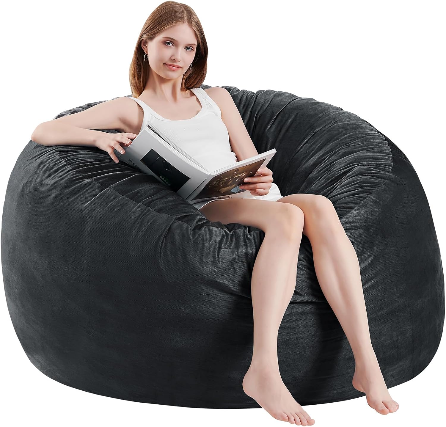 Bean Bag Chairs for Adults – Memory Foam Furniture BeanBag Chair – Kids/Teens Sofa with Soft Micro Fiber Cover – Round Fluffy Couch for Living Room Bedroom College Dorm – Carbon Black