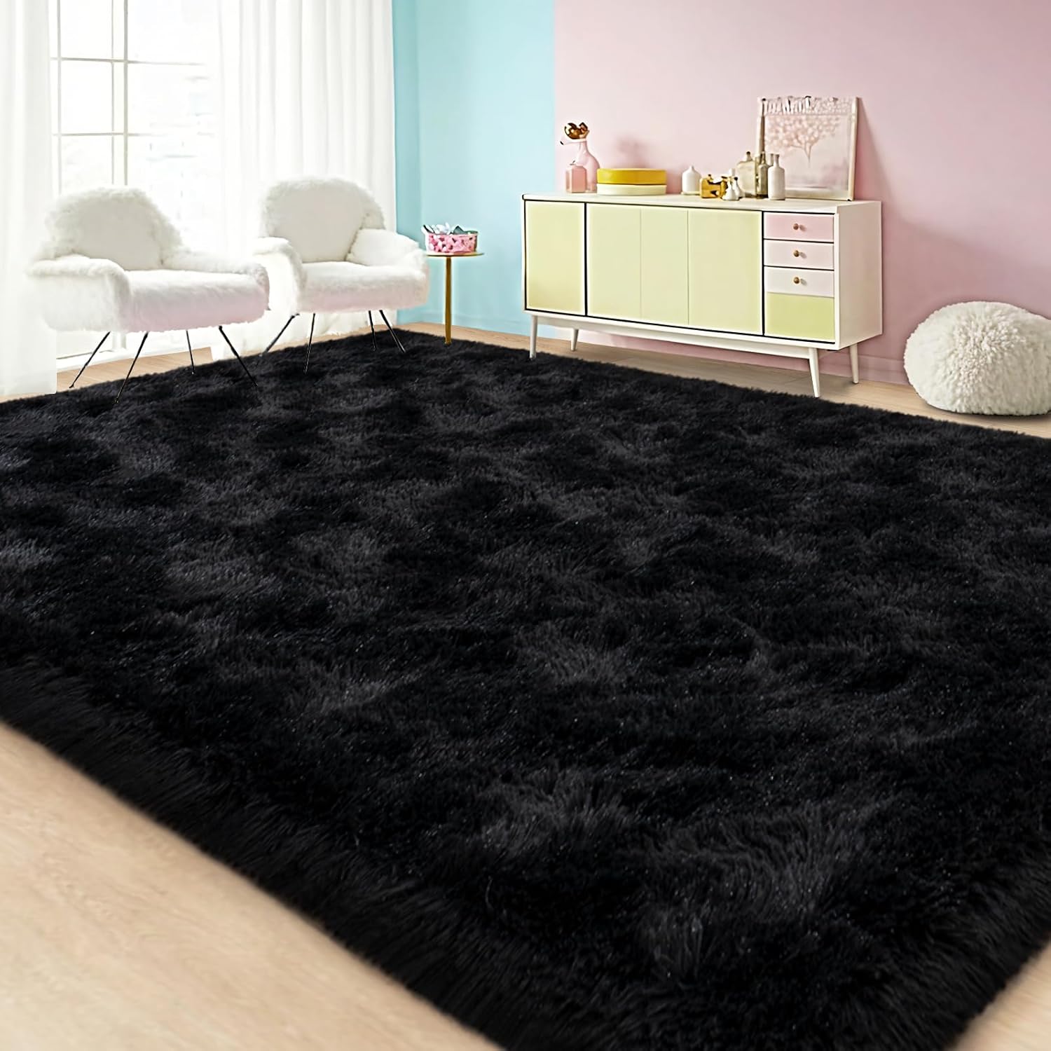 Large Area Rugs for Living Room Bedroom, 4x6 Feet Black Fluffy Shag Rugs, Ultra Soft Shaggy Plush Fuzzy Modern Indoor Throw Floor Carpet for Kids Girls Boys Dorm Nursery Home Decor Aesthetic - Image 2
