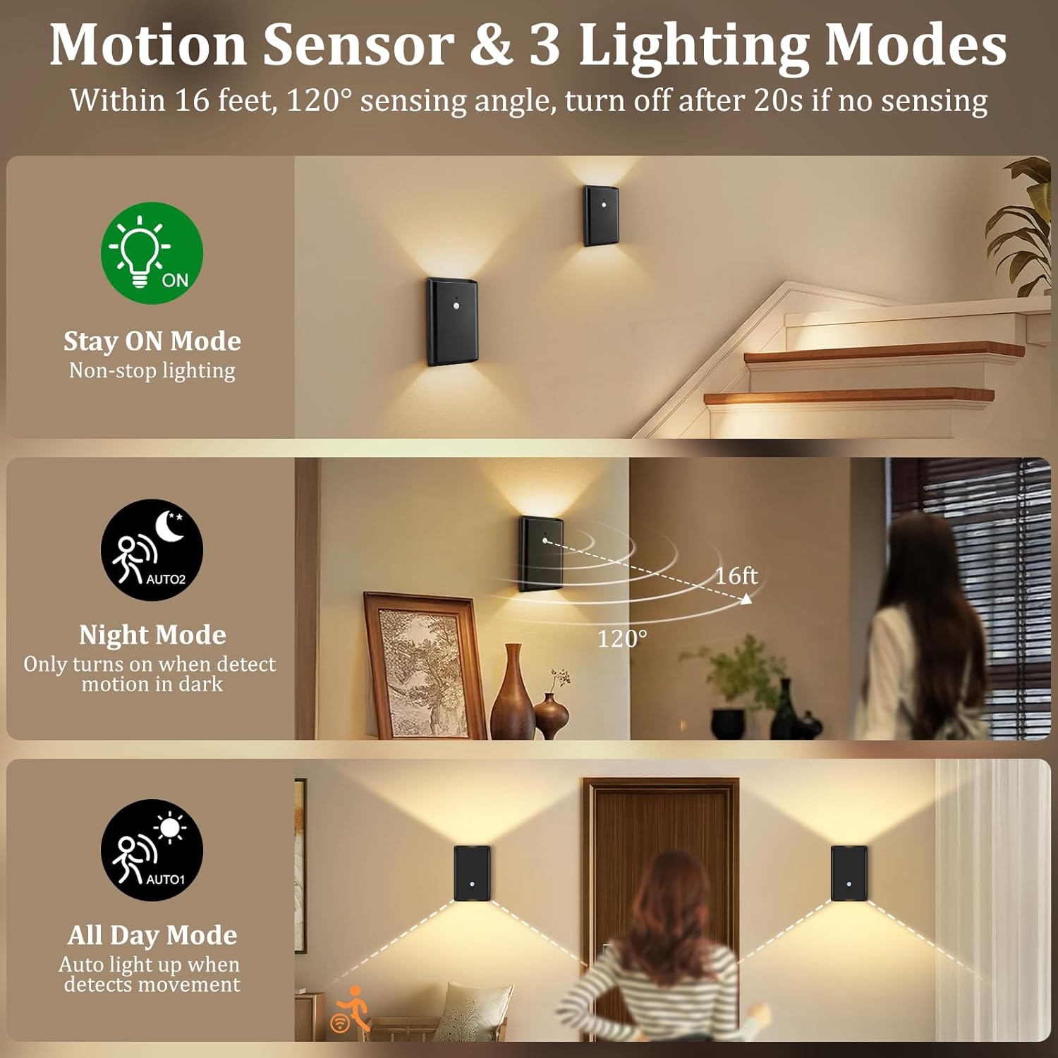 Battery-Operated Motion Sensor Wall Light: 5000mAh Rechargeable Wall Sconce Set of 2 Motion Sensored Closet Light Magnetic Stair Lights Indoor Wireless Wall Sconces Night Light for Bedroom Hallway - Image 4