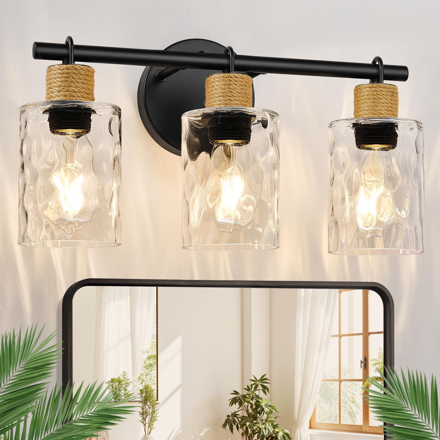 Coastal Bathroom Light Fixtures, Vanity Lights with Hammered Glass and Hemp Rope, 3-Light Matte Black Bathroom Wall Lamp for Mirror Hallway Cabinet