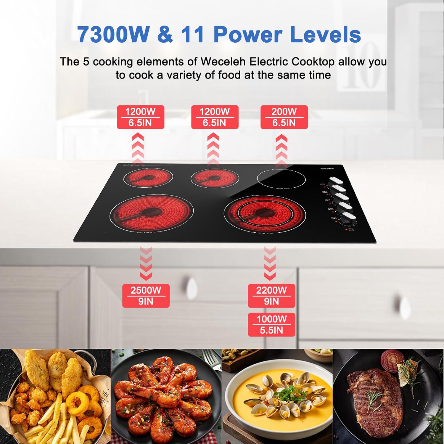30 Inch Electric Cooktop 7300W Built-in Electric Stove Top 5 Burners 11 Power Levels,Knob Control,Keep Warm Function,Child Safety Lock,Hot Surface Indicator - Image 4