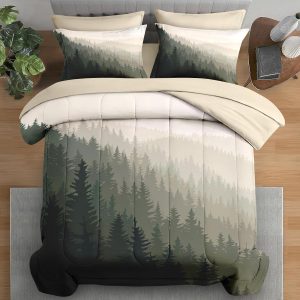 Comforter Set Queen Size, Mountain Pine Tree 7 Pcs Bedding for Kids and Adults, Natural Forest Landscape Bed Sheet Sets with Fitted Sheet 2 Pillowcases & 2 Shams