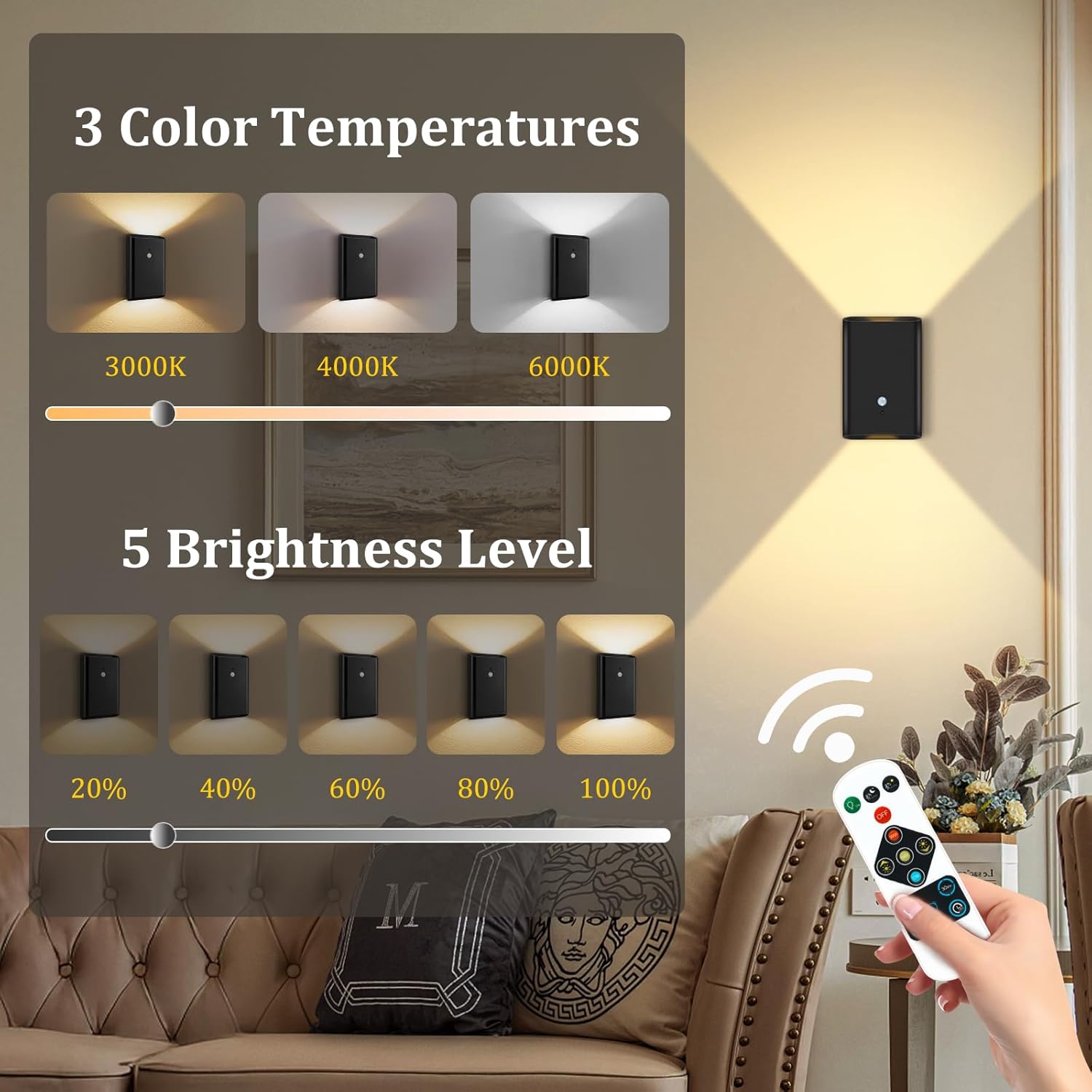 Battery-Operated Motion Sensor Wall Light: 5000mAh Rechargeable Wall Sconce Set of 2 Motion Sensored Closet Light Magnetic Stair Lights Indoor Wireless Wall Sconces Night Light for Bedroom Hallway - Image 6