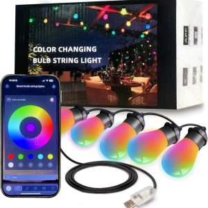 Honche Smart Outdoor String Lights, 36FT Outdoor Lights with 15 Dimmable RGB LED Bulbs, Color Changing 213 Scene Modes for Patio, Backyard, Garden,Balcony, Camping,Waterproof,Remote/APP Control,USB