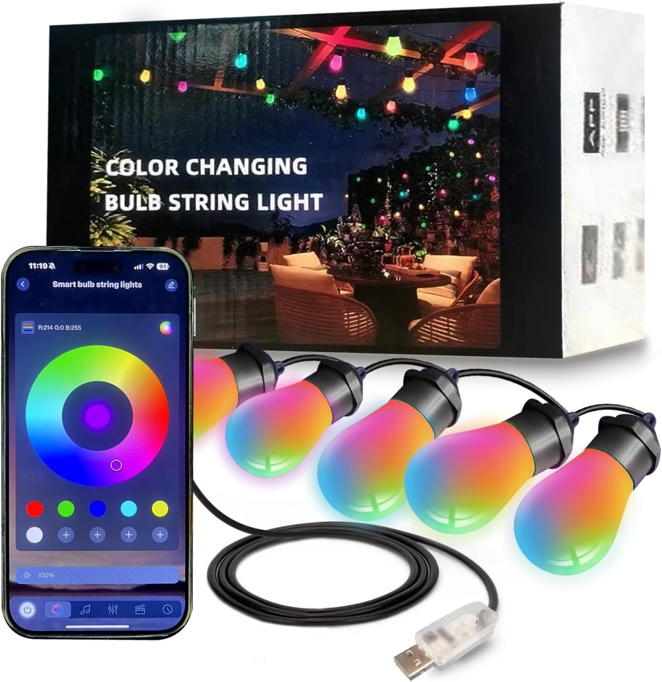 Honche Smart Outdoor String Lights, 36FT Outdoor Lights with 15 Dimmable RGB LED Bulbs, Color Changing 213 Scene Modes for Patio, Backyard, Garden,Balcony, Camping,Waterproof,Remote/APP Control,USB