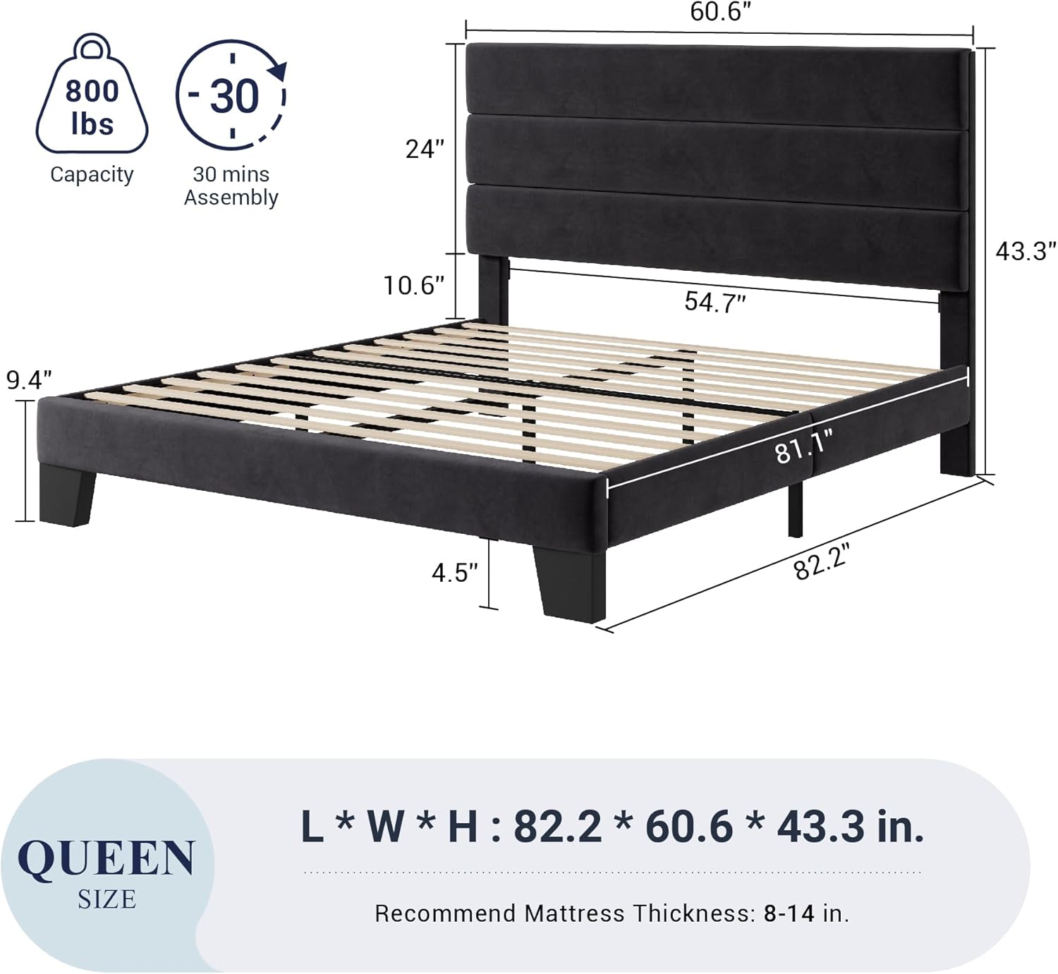 Allewie Queen Size Platform Bed Frame with Velvet Upholstered Headboard and Wooden Slats Support, Fully Upholstered Mattress Foundation/No Box Spring Needed/Easy Assembly, Black - Image 2