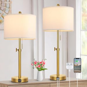 Table Lamp Set of 2, Bedside Lamp with 2 USB Ports, Gold Tall Table Lamp for Living Room End Tables, 23" to 30" Height Adjustable Lamp for Bedroom, Farmhouse Table Lamps with Pull Chain, E26