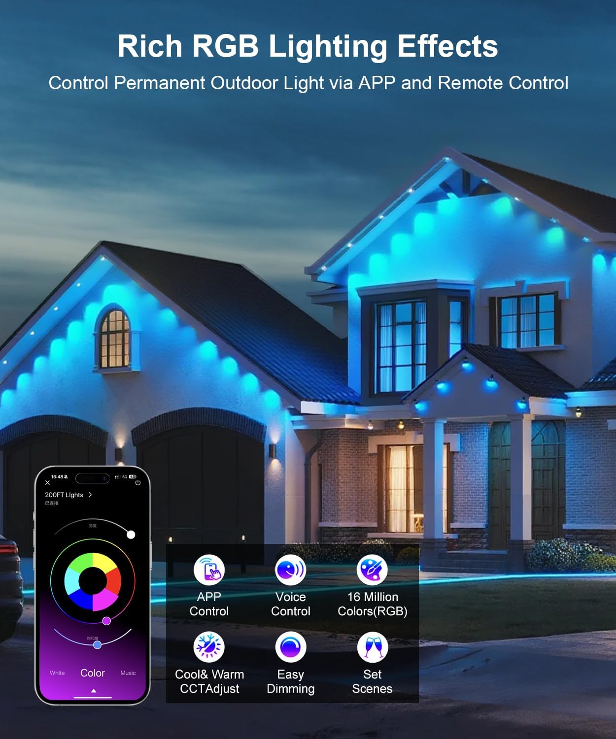Fussion Permanent Outdoor Lights for House, 150ft RGB Halloween House Lights Outdoor with APP Remote Control, IP67 Waterproof Smart Eternity Eaves Lighting for Christmas, Holiday, Party, Daily - Image 4