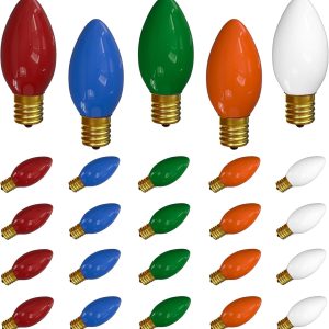 SUNSGNE 25 Pack C9 Multicolor Christmas Light Bulbs, C9 Ceramic Multicolor Incandescent Replacement Bulbs for Outdoor Vintage Christmas String Light, E17/C9 Intermediate Base- 7 Watts