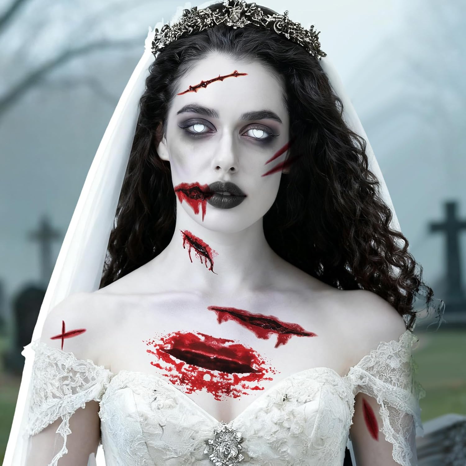 YGDZ Halloween Face Tattoos, Zombie Makeup Kit Fake Scars for Halloween Costume Makeup, Fake Wound Realistic Blood Cuts, Stitch Temporary Tattoos, Halloween Face Stickers for Kids, Adults - Image 4