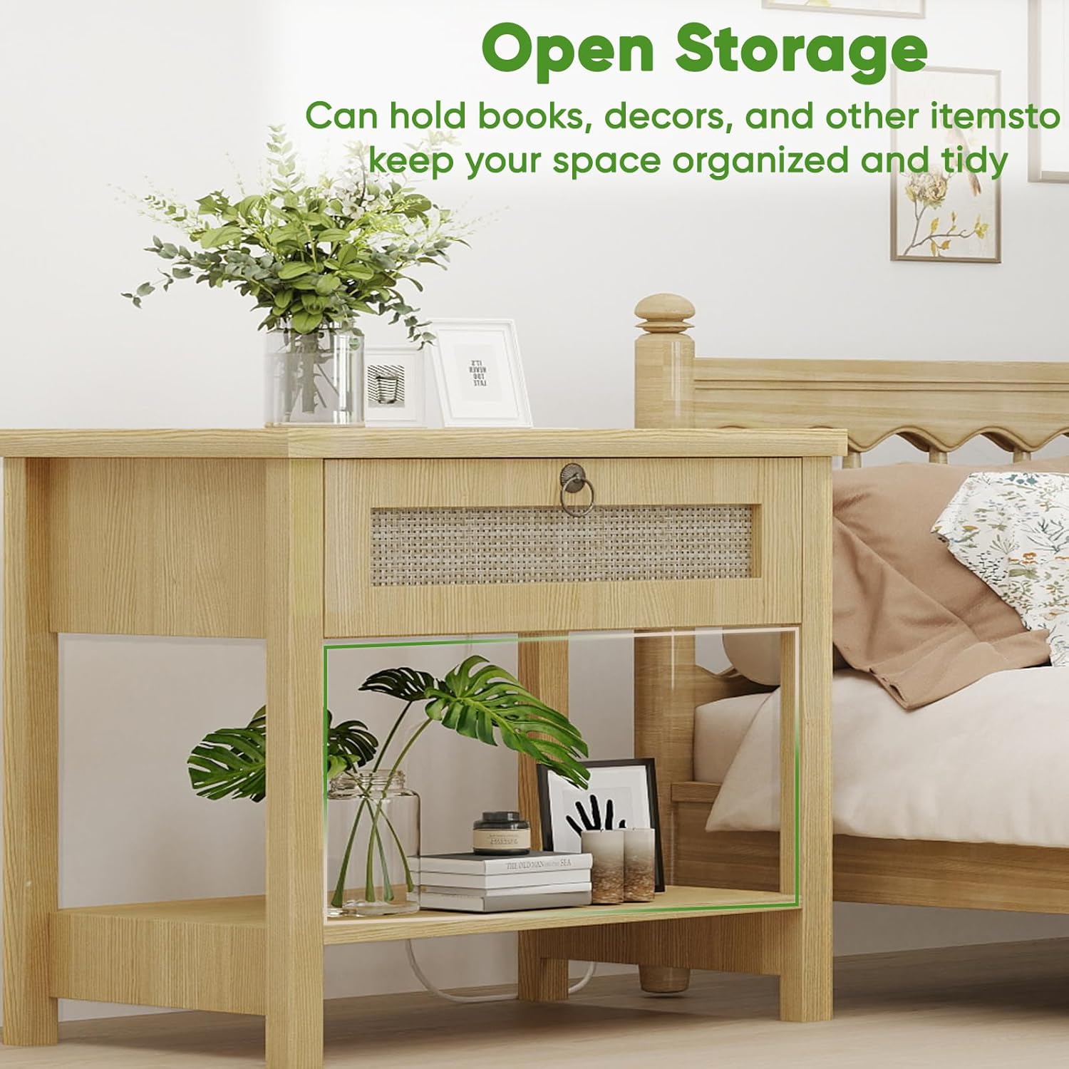 Large Nightstands with Charge Station, Modern Bedside Table with Drawer and Storage Shelf, Wood End Table Mid Century Night Stands for Bedroom Living Room Sofa Couch Office - Image 4