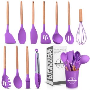 12 Pcs Purple Kitchen Utensils Set with Holder – Versatile Silicone Utensils Set for Cooking and Baking, Gentle on Pots and Pans, Heat-Resistant, Stylish, Easy to Clean, Purple Kitchen Accessories