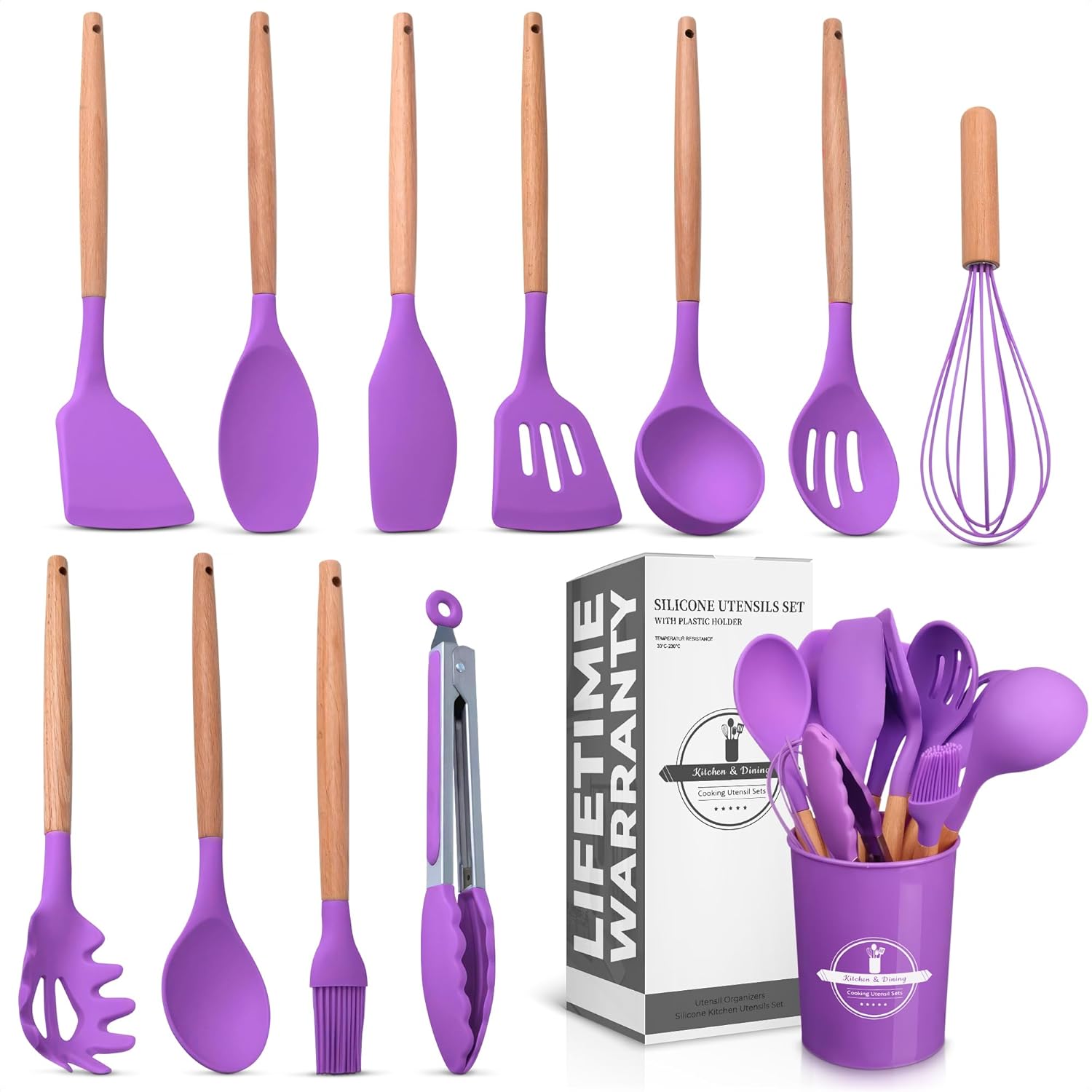12 Pcs Purple Kitchen Utensils Set with Holder – Versatile Silicone Utensils Set for Cooking and Baking, Gentle on Pots and Pans, Heat-Resistant, Stylish, Easy to Clean, Purple Kitchen Accessories