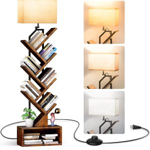 addlon 6-Tier Tree Book Shelf with LED Light, Steel&Wood Bookshelf with Storage Cabinet, Narrow Tall Bookcase with 3CCT Bulb, Small Bookshelf for Bedroom, Home Office&Living Room-Rustic Brown