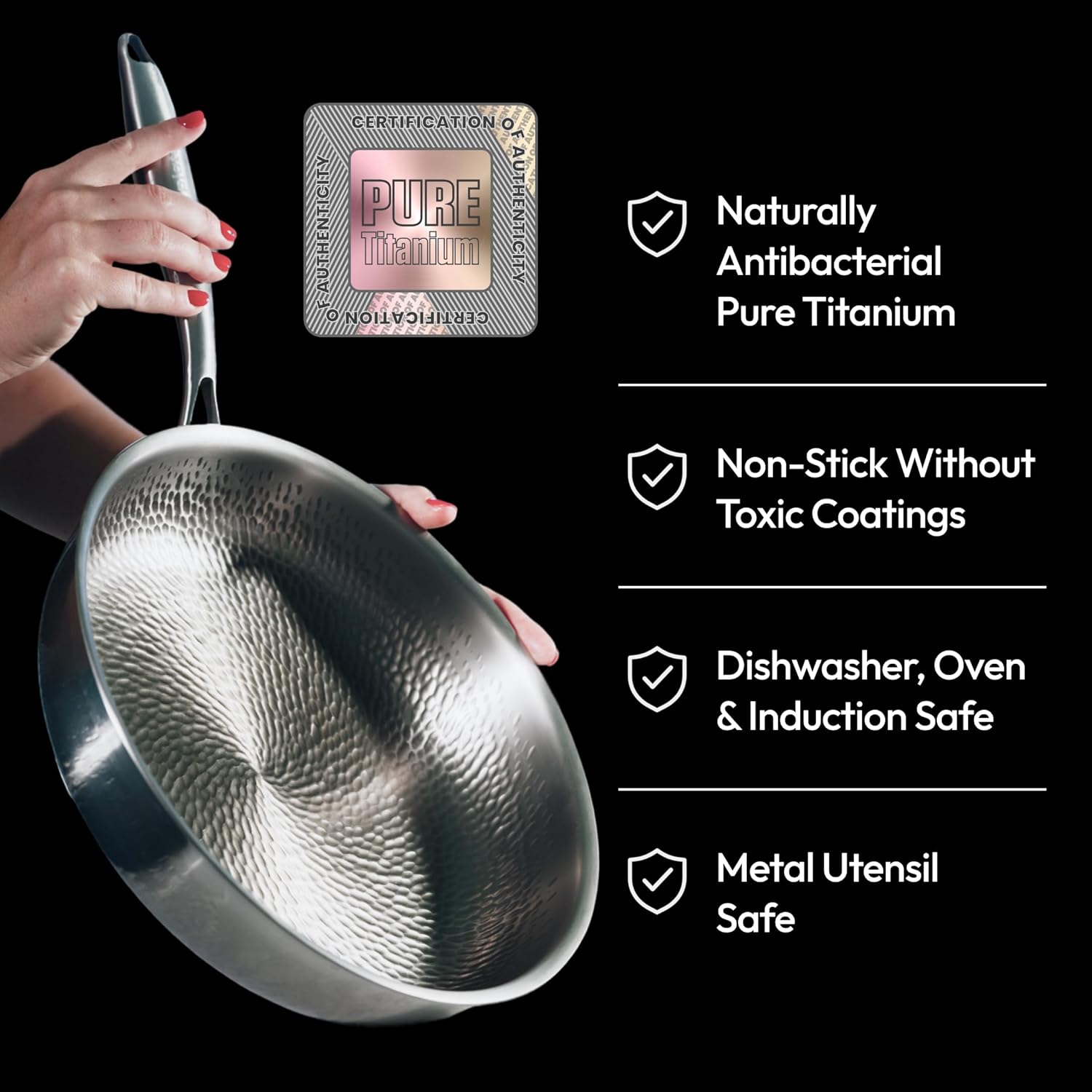 Plateful Titanium Pan For Cooking 12" - Pure, No Coating Non-Stick Titanium Cookware, Frying Pans, Hammered Pan, Safe For Oven, Induction & Cooktops Up To 750°F, Includes Lid - Image 2