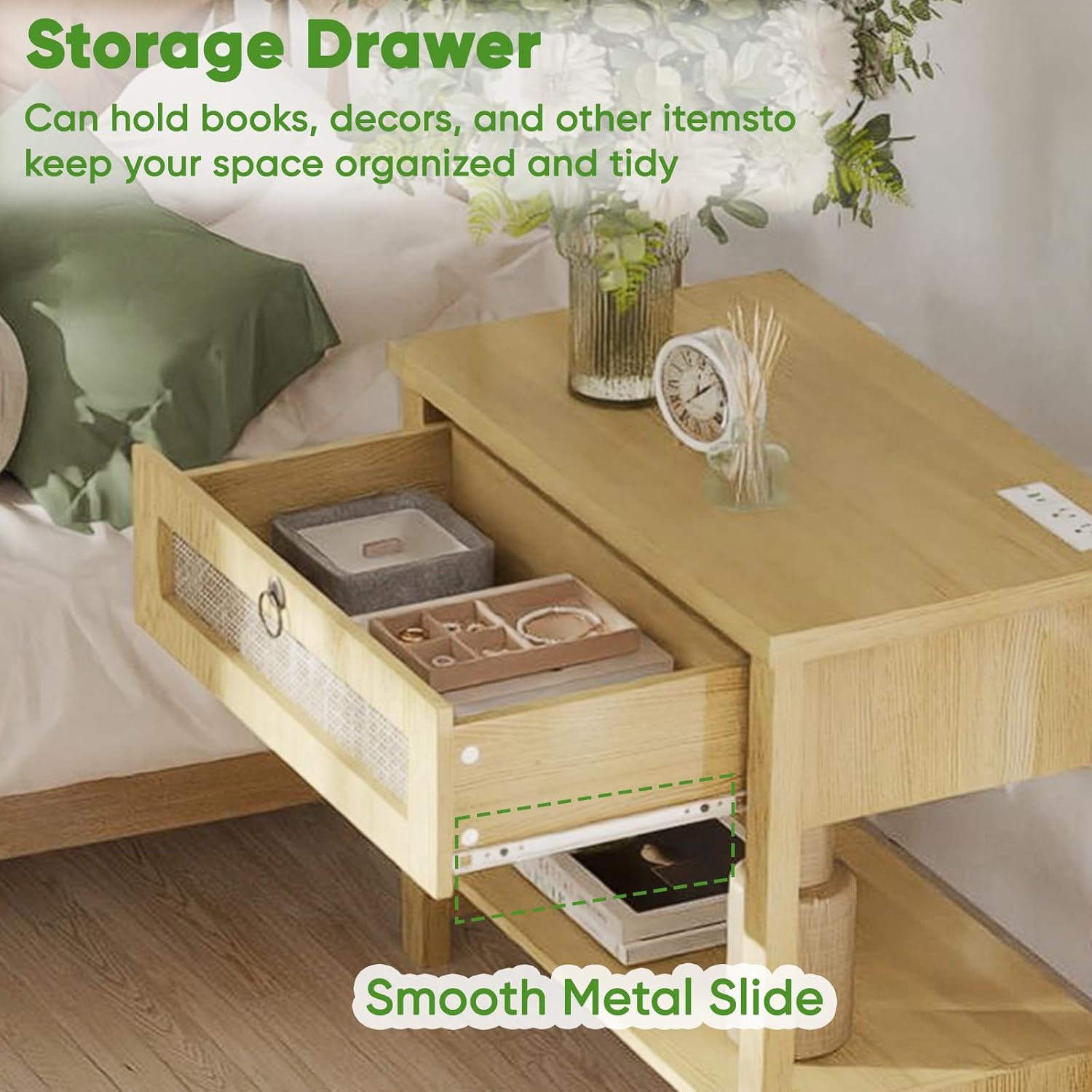 Large Nightstands with Charge Station, Modern Bedside Table with Drawer and Storage Shelf, Wood End Table Mid Century Night Stands for Bedroom Living Room Sofa Couch Office - Image 5