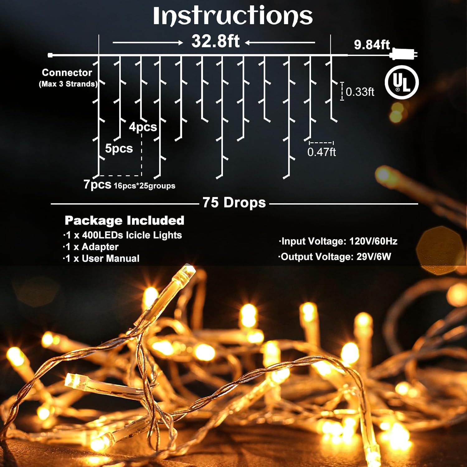 Icicle lights Outdoor - 33ft Christmas Lights with 400LED 75 Drops 8 Modes, Plug in Curtain String Lights Waterproof for Holiday Wedding Party Home Garden Bedroom Indoor Decoration, Warm White - Image 4