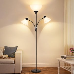 Floor Lamp for Living Room,72" Dimmable Torchiere Lamp with 2 Reading Lights for Bedroom, Black Tall Standing Room Lamp, 3 Bulbs Included