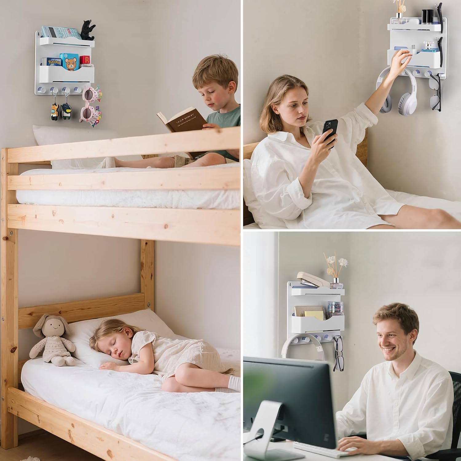 JUMEIHUI Bedside Wall Shelf with Glasses Hooks ,Adhesive Bedside Organizer Wall Mount for Dorm and Room Accessories Phone,Remote,Earphone, Kindle (White) - Image 7