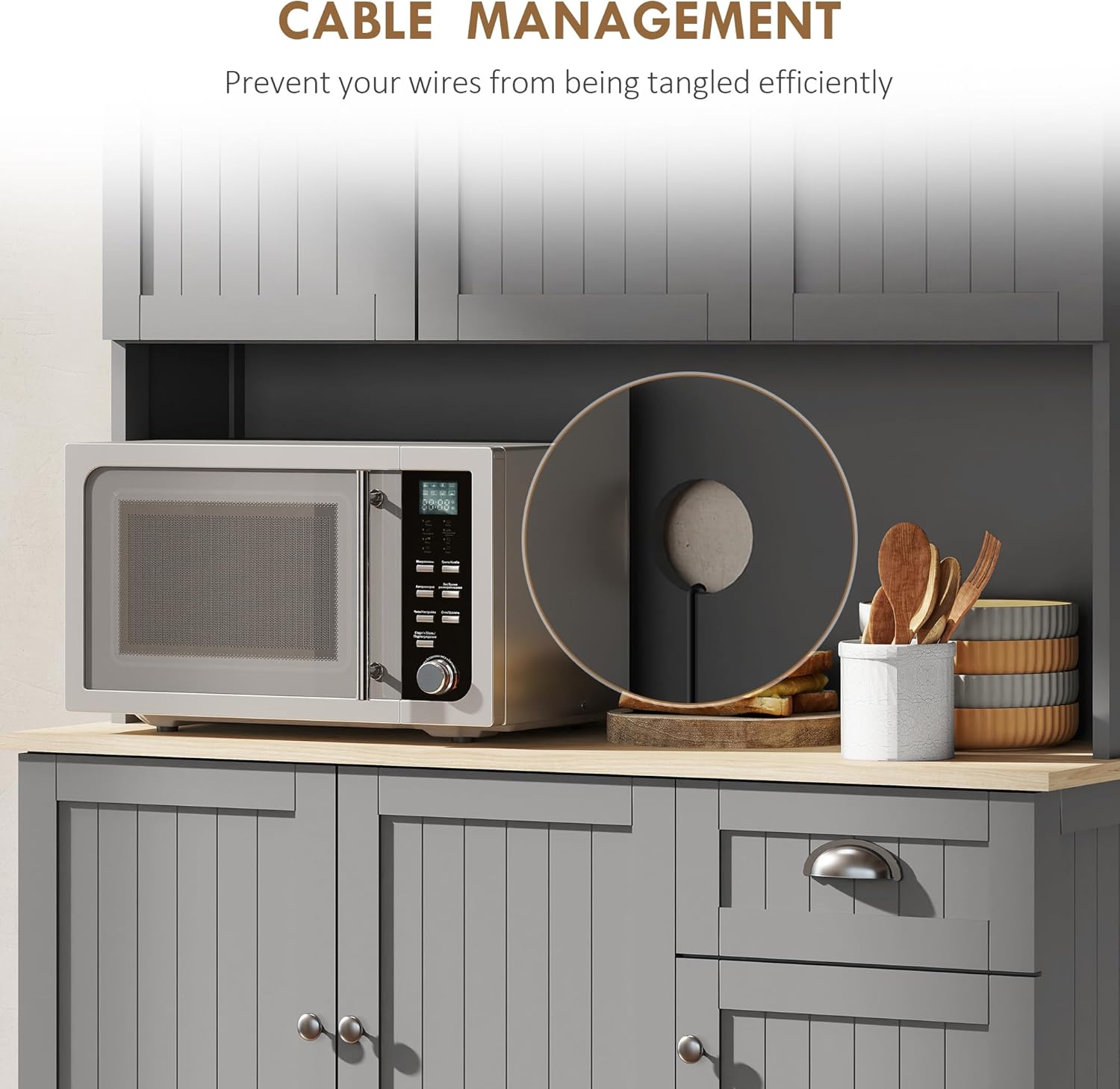 HOMCOM 71" Buffet with Hutch, Modern Farmhouse Kitchen Pantry Storage Cabinet with Microwave Oven Countertop, Drawer, Gray - Image 5