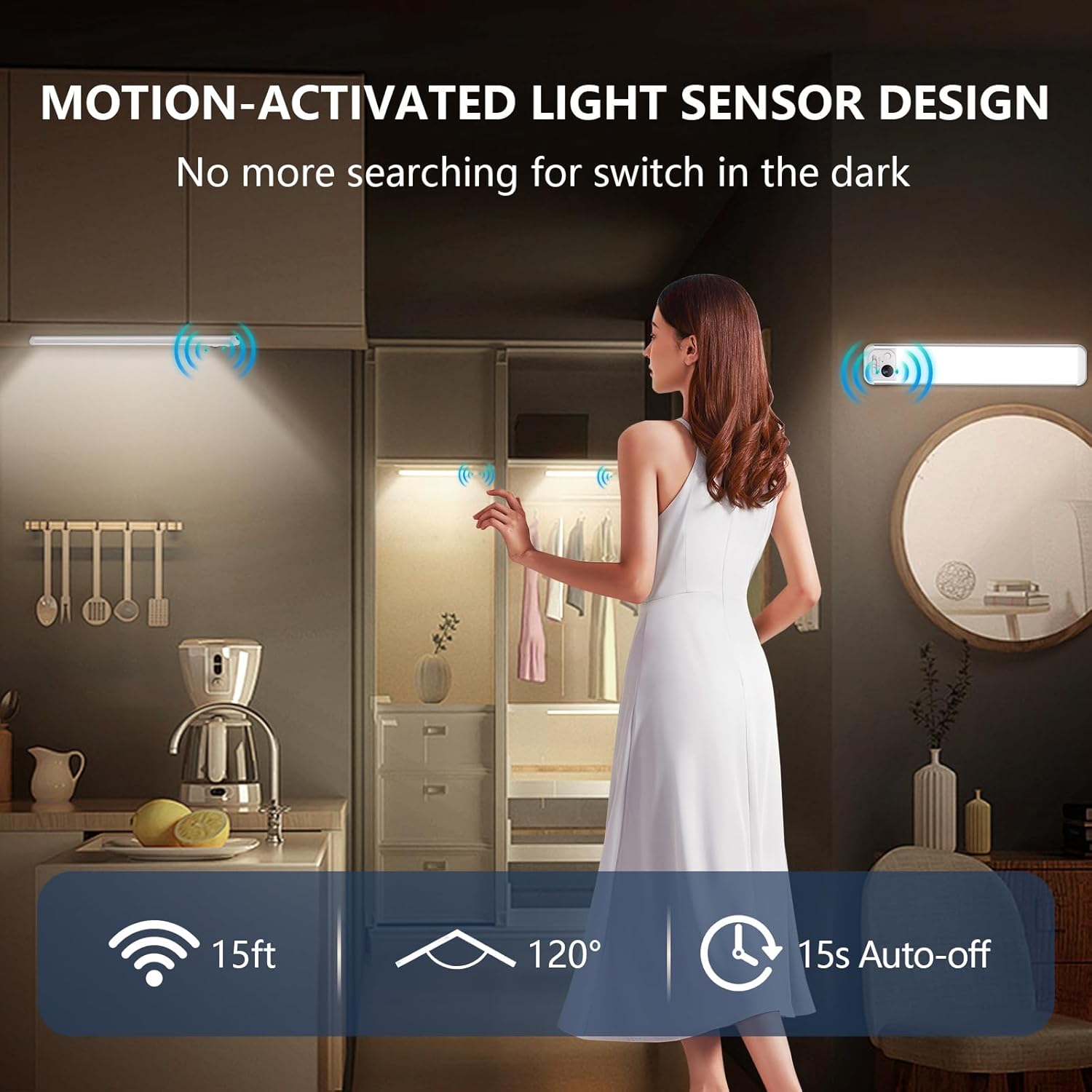 Under Cabinet Lighting, 3 Colors, Motion Sensor Light Indoor, LED Rechargeable Closet Lights Battery Operated, Dimmable Night, Stick-On Magnetic Cabinet Lights for Kitchen Stairs Hallway - Image 3