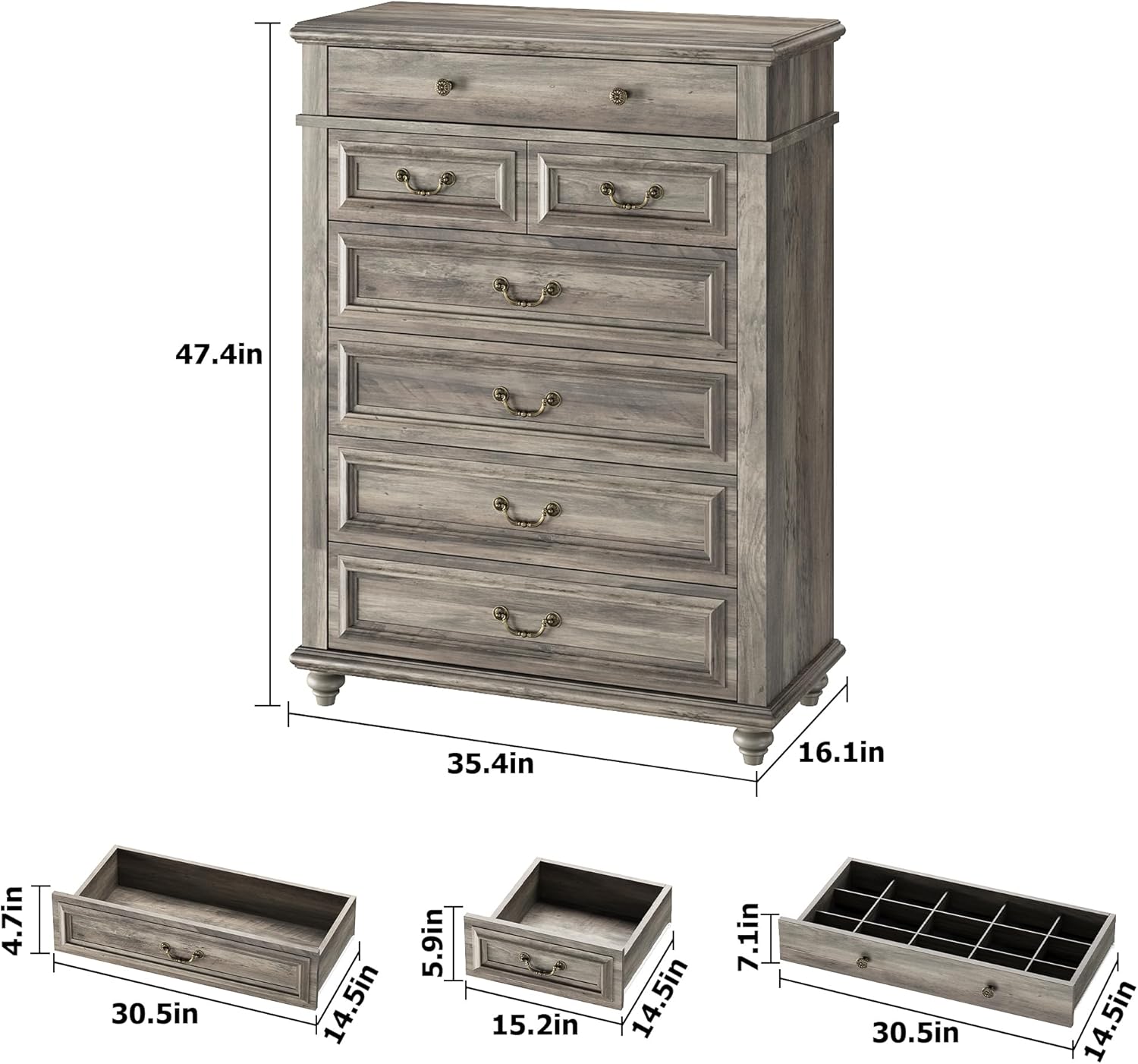 7 Drawer Dresser, Vintage Design Bedroom Dressers with Drawers, Dresser Farmhouse with Natural Texture, Tall Dressers for Bedroom, Living Room, Grey - Image 2