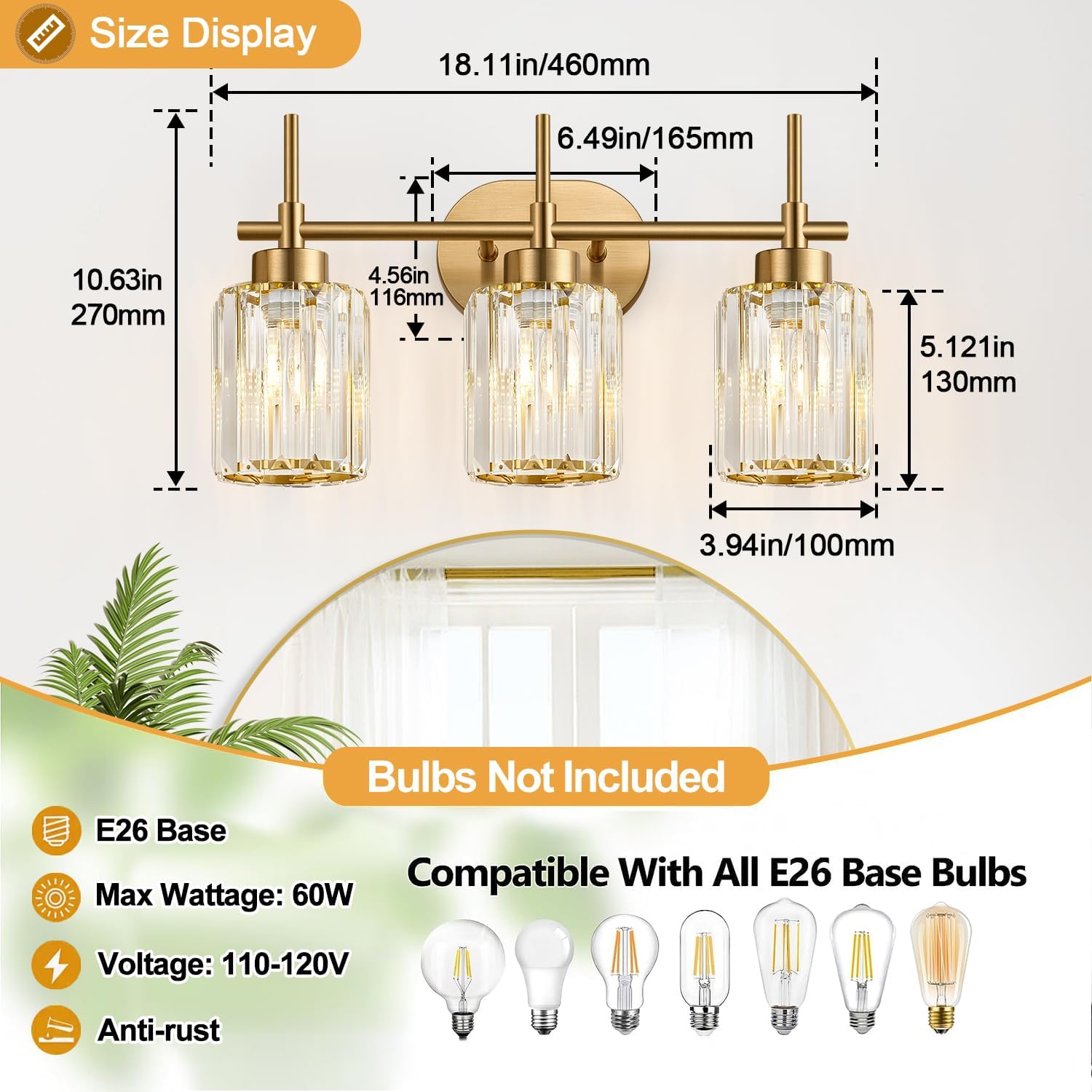 Modern Crystal Bathroom Vanity Light, 3-Light Brushed Gold Bathroom Light Fixtures with Clear Shades, Vanity Lighting Fixtures Over Mirror (Exclude Bulb) - Image 9