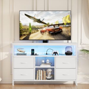 Sweetcrispy TV Stand Dresser for Bedroom 4 Drawers Entertainment Center with LED Lights and Power Outlets Media Console for 50 Inch TV Living Room Furniture with Open Shelf Adjustable Feet, White