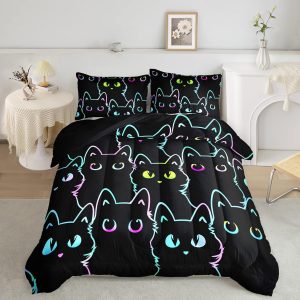 Axolotl Kids Bedding Cartoon Cat Comforter Set Twin Size,Gradient Line Cute Cat Bedding Set for Teens Boys Girls Adults Room Decor,Kids Comforter Set All Season,1 Comforter 2 Pillow Cases,Black