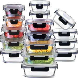 EATEX 32pc Glass Food Storage Containers with Lids, Airtight Glass Meal Prep Containers, 16 Reusable Food Storage Bins with 16 Leakproof Snap Lock Lids Oven Microwave Freezer Safe Lunch Containers