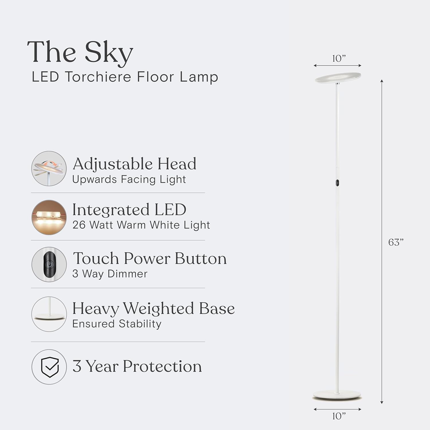 Brightech Sky LED Torchiere Super Bright Floor Lamp - Contemporary, High Lumen Light for Living Rooms and Offices - Dimmable, Indoor Pole Uplight for Bedroom Reading - White - Image 9