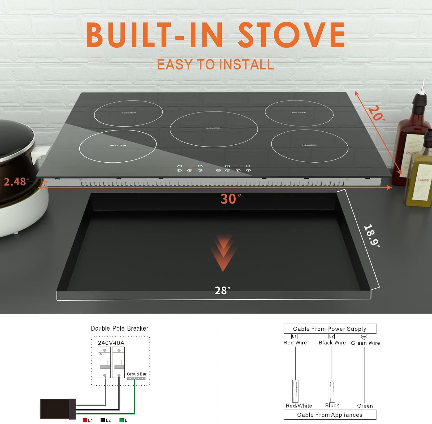 Davivy 5 Burners 30 Inch Induction Cooktop, 5 Burner Built-in Induction Stove Top, 9 Heating Level, Child Safety Lock, Sensor Touch Control, Timer, 220~240V, 9300W - Image 2