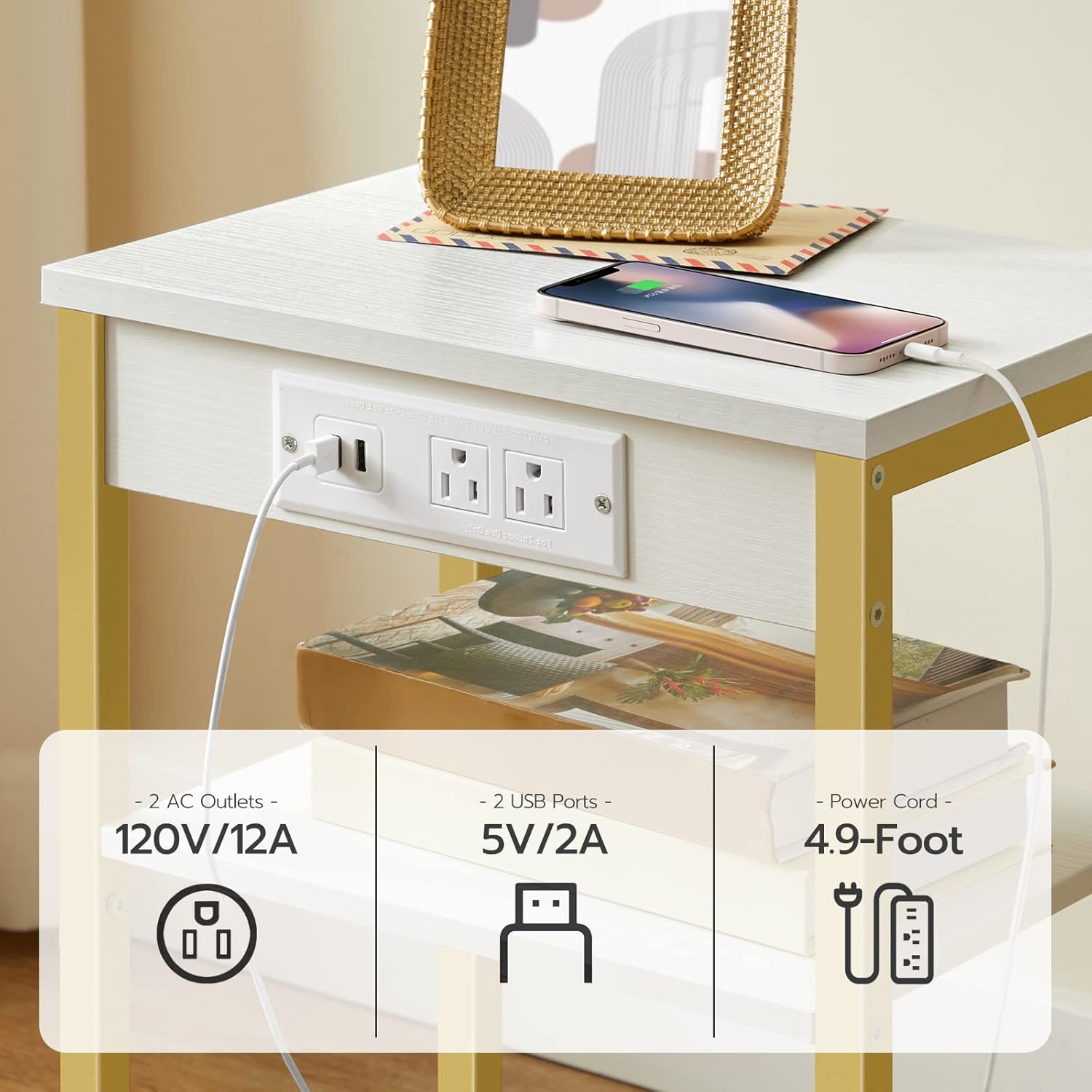 HOOBRO End Tables Set of 2 with Charging Station and USB Ports, 3-Tier Nightstands with Adjustable Shelves, Small Side Tables for Small Space in Living Room, Bedroom, White and Gold DW112BZP201G1 - Image 4