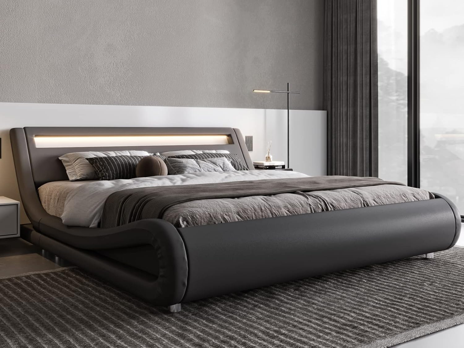 Allewie Queen Size LED Platform Bed Frame with Adjustable Headboard/No Box Spring Need/Easy Assembly/Faux Leather in Grey - Image 3