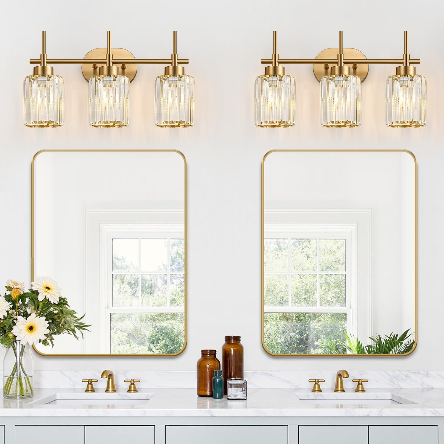 Modern Crystal Bathroom Vanity Light, 3-Light Brushed Gold Bathroom Light Fixtures with Clear Shades, Vanity Lighting Fixtures Over Mirror (Exclude Bulb) - Image 7