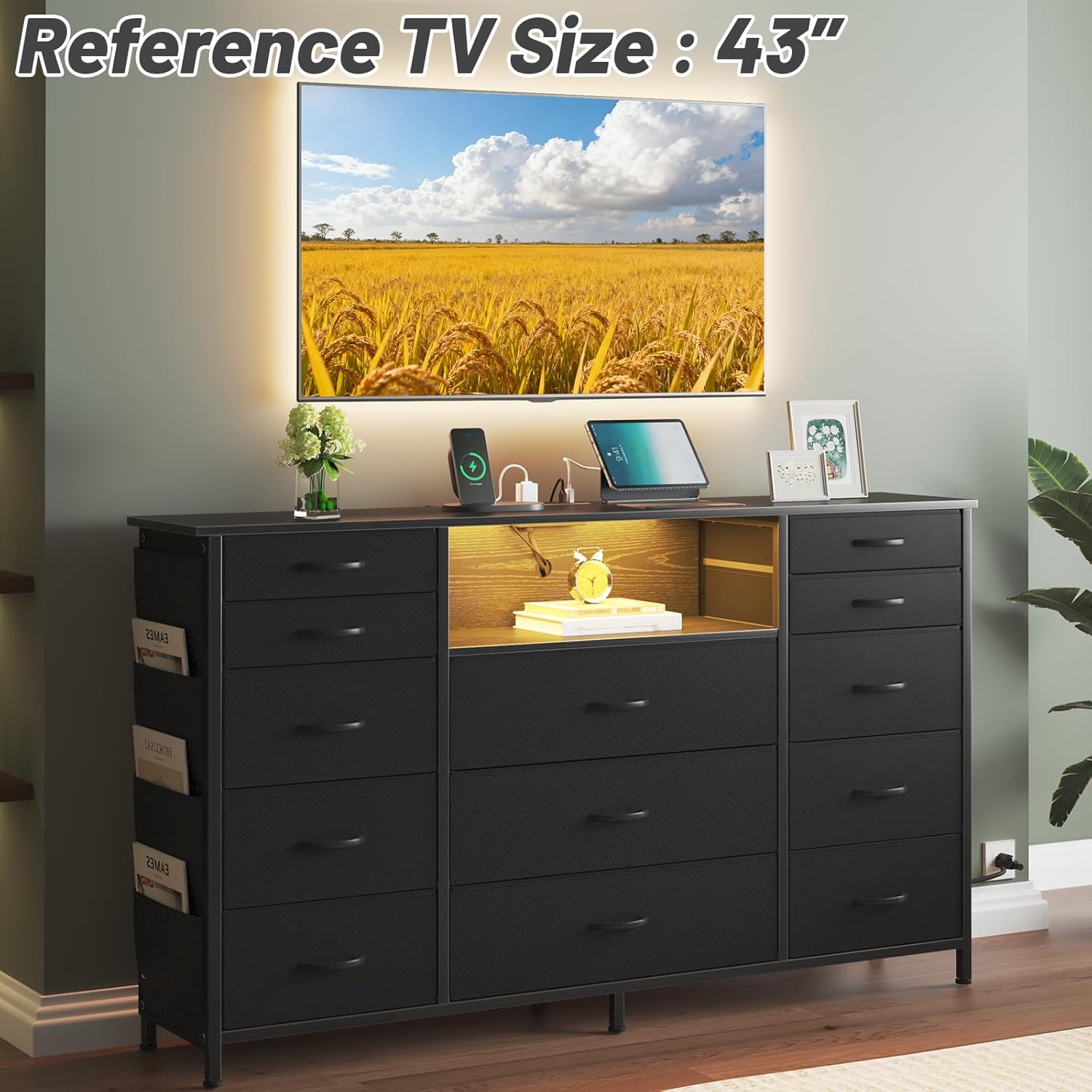 HCHQHS 47 Inch Dresser for Bedroom with 13 Drawers,Side Pockets Hooks and Lights with Remote Control,Hallway,Closet,Kitchen,Large TV Stand (Black) - Image 6