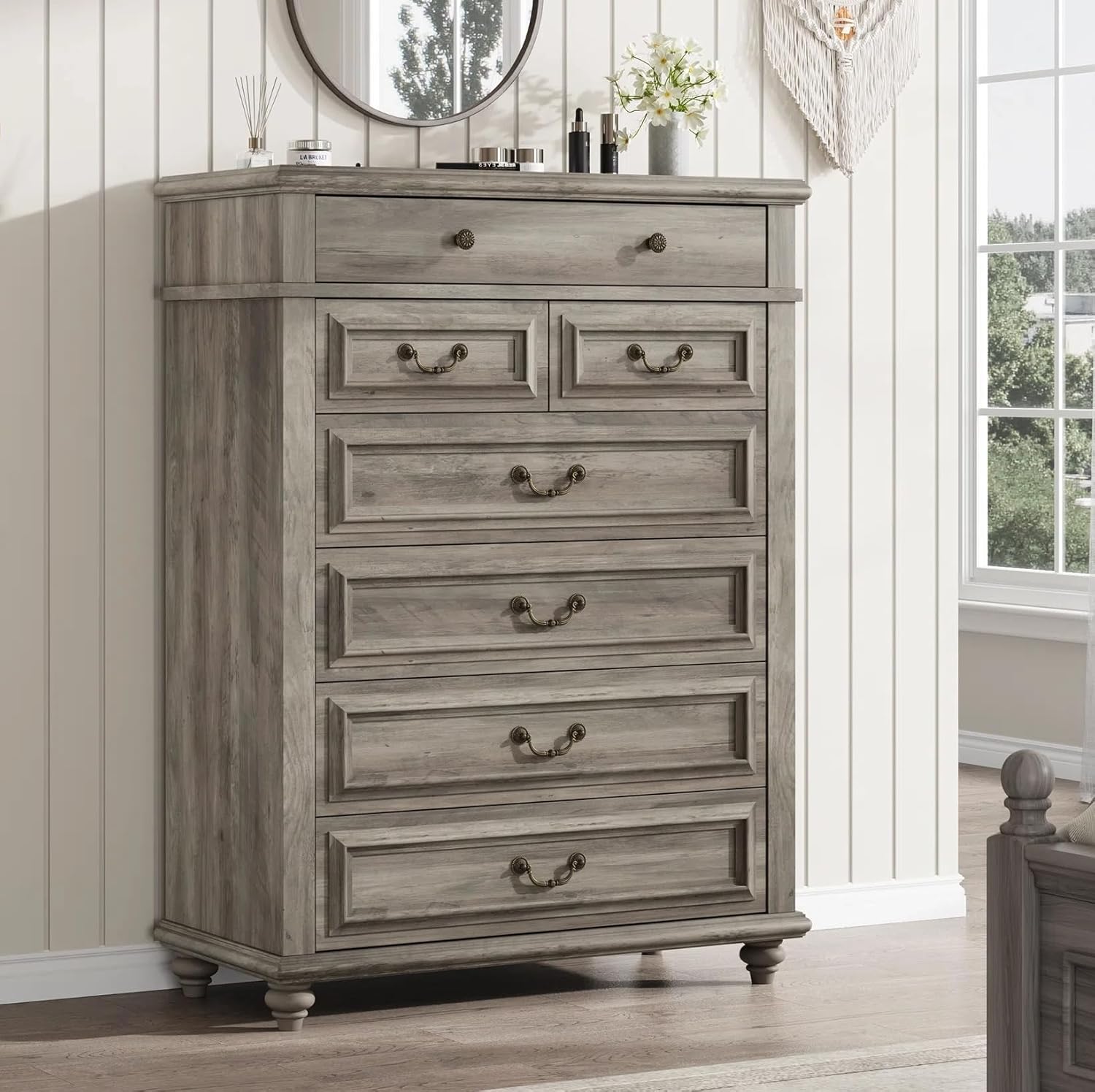 7 Drawer Dresser, Vintage Design Bedroom Dressers with Drawers, Dresser Farmhouse with Natural Texture, Tall Dressers for Bedroom, Living Room, Grey - Image 8