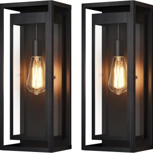 19" Outdoor Wall Lights, 2 Pack Large Size Matte Black Outdoor Sconce Lights with Clear Glass Shade, Waterproof Porch Lighting Exterior Light Fixture for Front Door, Garage