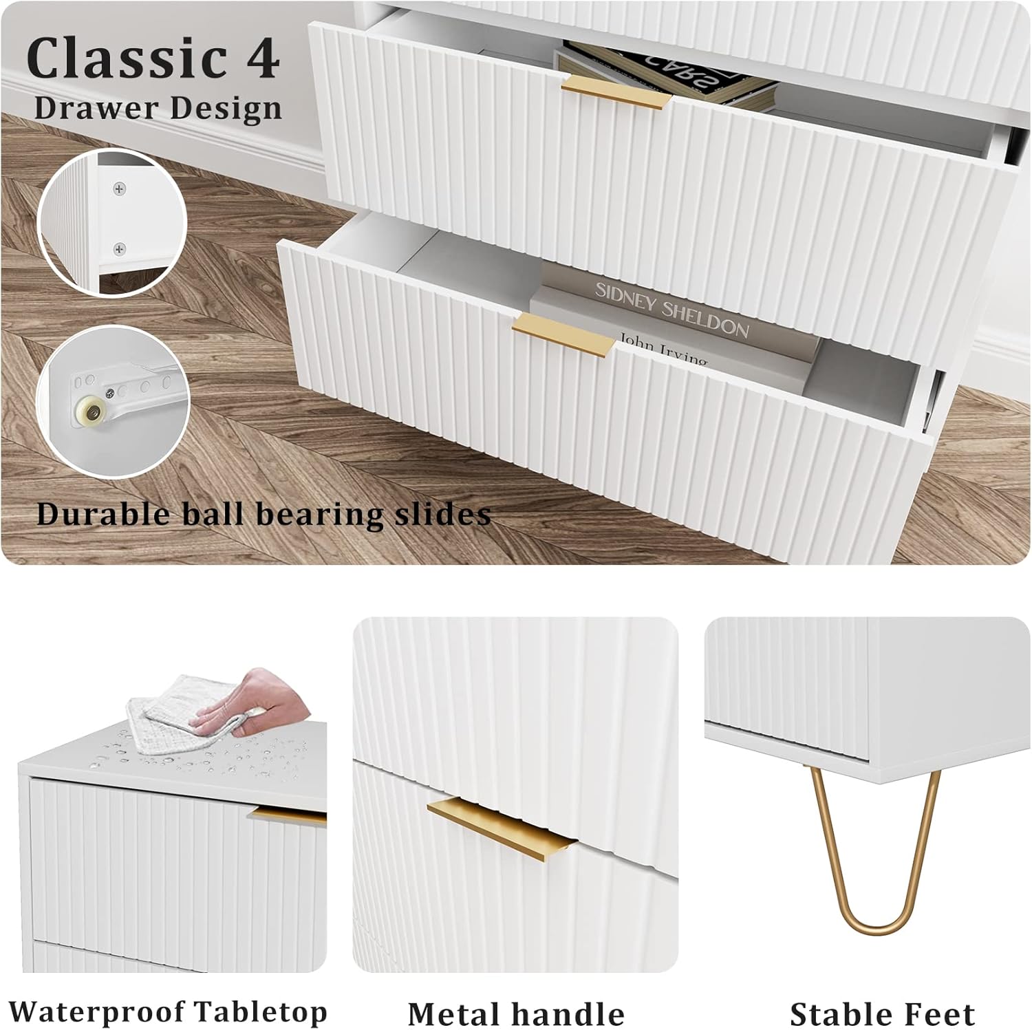 Masupu 4 Drawer Dresser, Drawer Chest, Tall Storage Chest Cabinet Organizer Unit with Metal Legs, Small Dresser for Bedroom, Living Room, Closet, Hallway White Stripe - Image 4