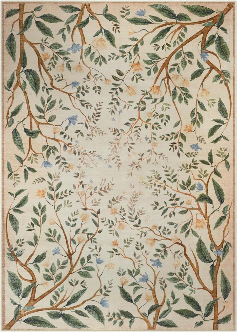 Collive Washable Area Rugs for Living Room, Beige 5x7 Bedroom Rug, Floral Forest Botanical Flourishing Vines Soft Non-Slip Stain Resistant Boho Carpet for Dining Room Office - Image 9