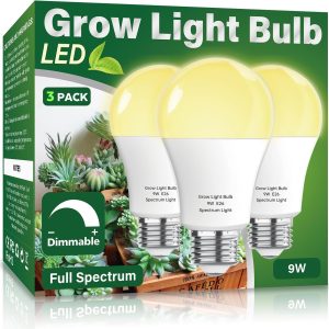 3 Pack Full Spectrum Grow Light Bulbs,A19 Grow Lights for Indoor Plants,Dimmable E26 9W Grow Bulb Replace up to 100W,Plant Lights for Indoor Growing,Flowers,Greenhouse,Indore