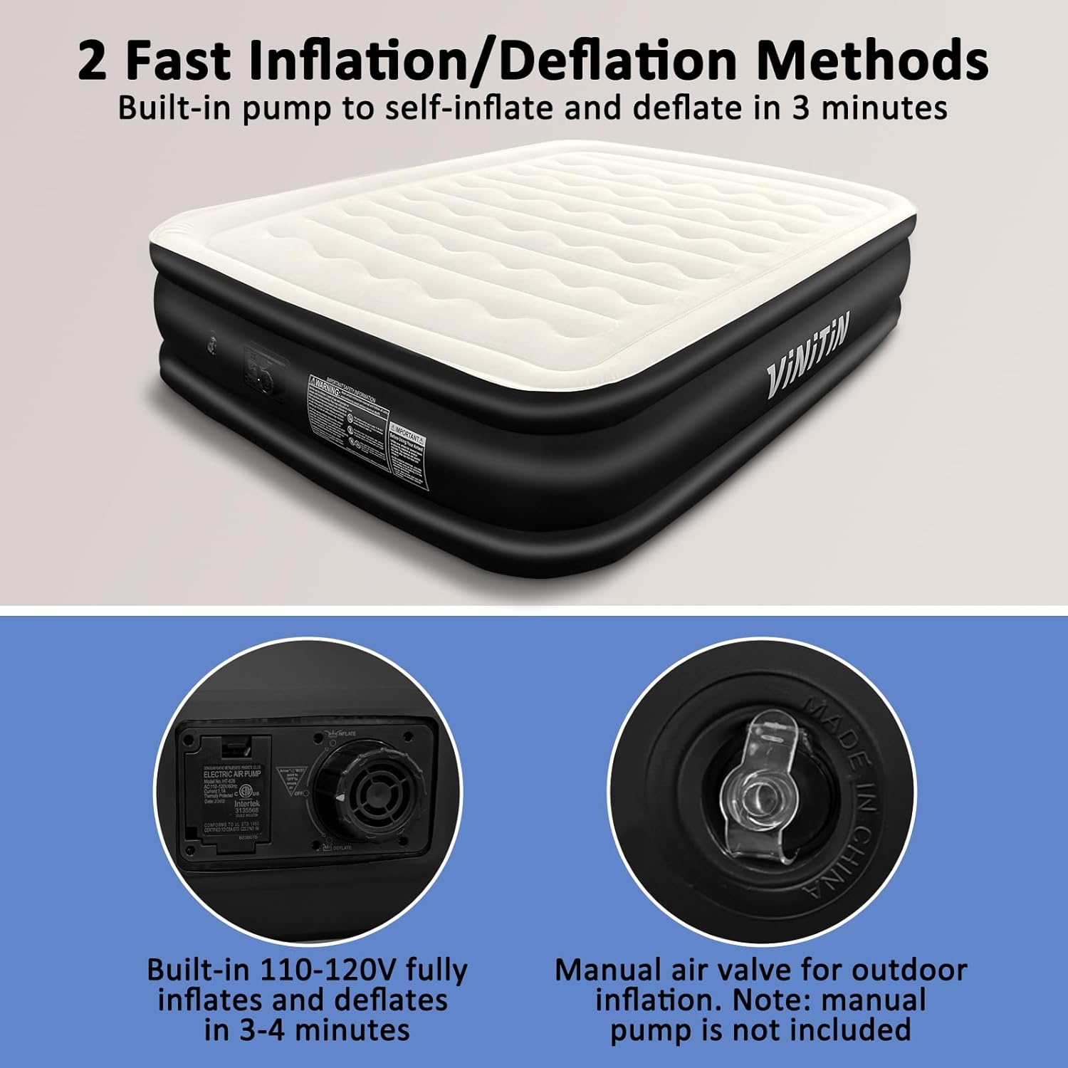 Air Mattress Queen with Built in Pump, 18" Elevated Inflatable Blow Up Mattress with Self-Inflation/Deflation, Soft Flocked Top Air Bed for Guest, Home,Camping, 80x60x18in, Max 660lb, Black - Image 2