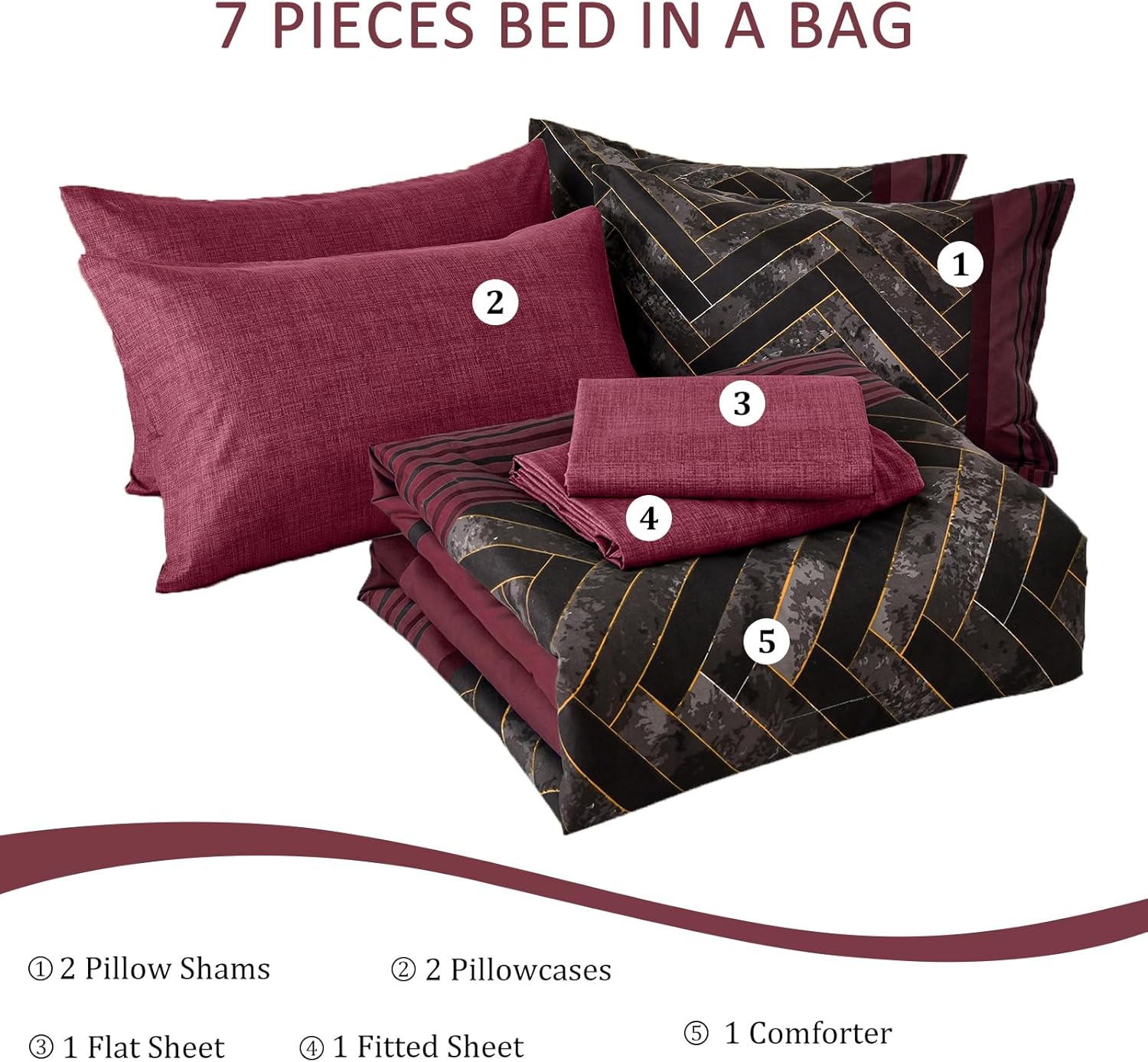 Luxudecor Burgundy Comforter Set Queen Size 7 Pieces Red and Black Stripe Bed in a Bag Geometric Comforter and Sheet Set, Soft Microfiber Complete Bedding Sets for All Seasons - Image 7