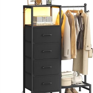 Dresser for Bedroom with Reversible Hanging Rack, 4 Drawers Dresser with LED Lights, Fabric Dressers with Open Shelf, Chest of Drawers with Clothes Rack, Kids Dressers for Bedroom, Black