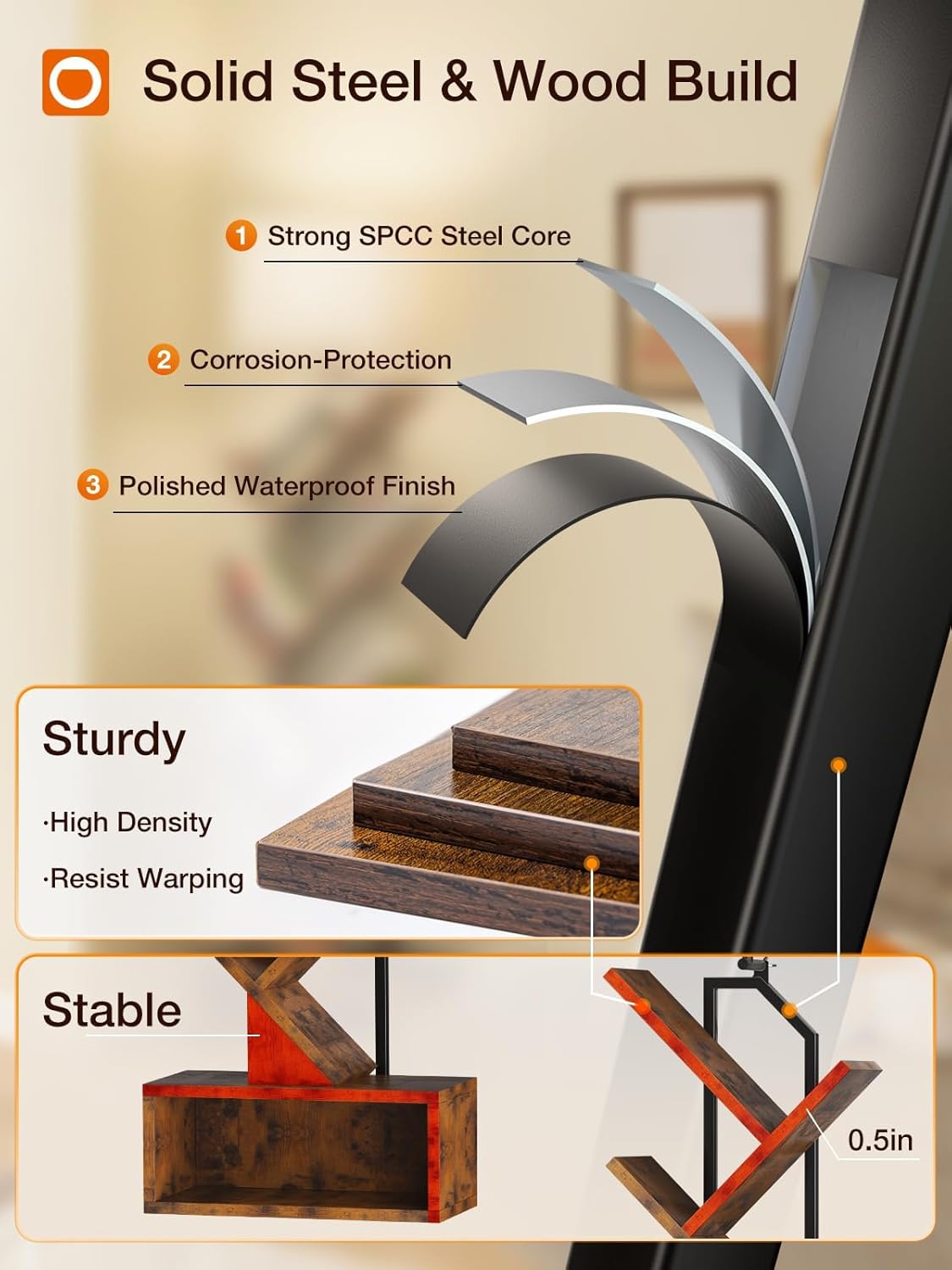 addlon 6-Tier Tree Book Shelf with LED Light, Steel&Wood Bookshelf with Storage Cabinet, Narrow Tall Bookcase with 3CCT Bulb, Small Bookshelf for Bedroom, Home Office&Living Room-Rustic Brown - Image 5