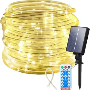 ICRGB Solar Rope Lights Outdoor, 66FT 200LED Christmas Fairy Light with Remote, IP67 Waterproof Solar String Lights, Timing & 8 Modes, Outdoor Light for Garden Patio Porch Pool, Warm White