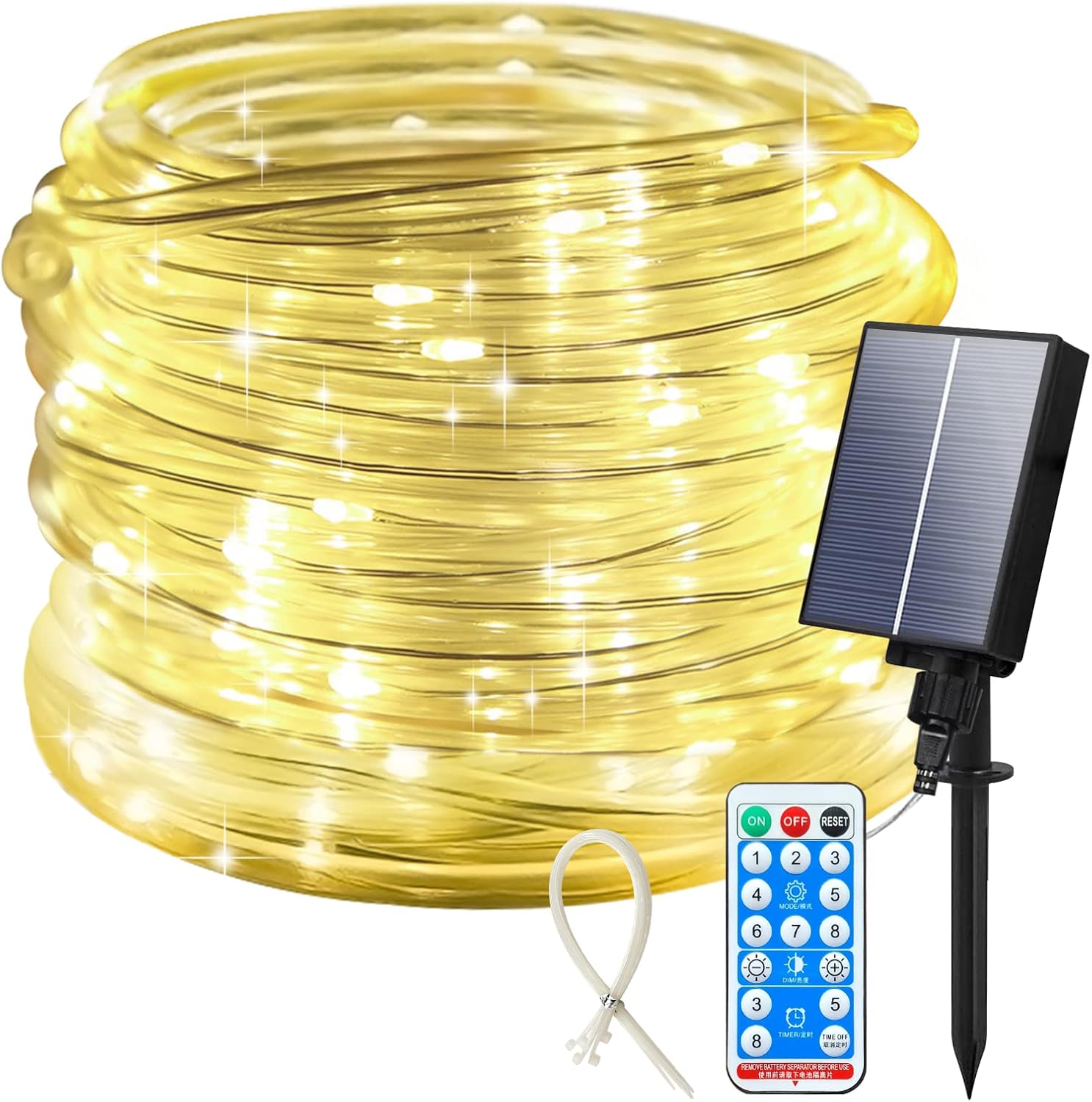 ICRGB Solar Rope Lights Outdoor, 66FT 200LED Christmas Fairy Light with Remote, IP67 Waterproof Solar String Lights, Timing & 8 Modes, Outdoor Light for Garden Patio Porch Pool, Warm White