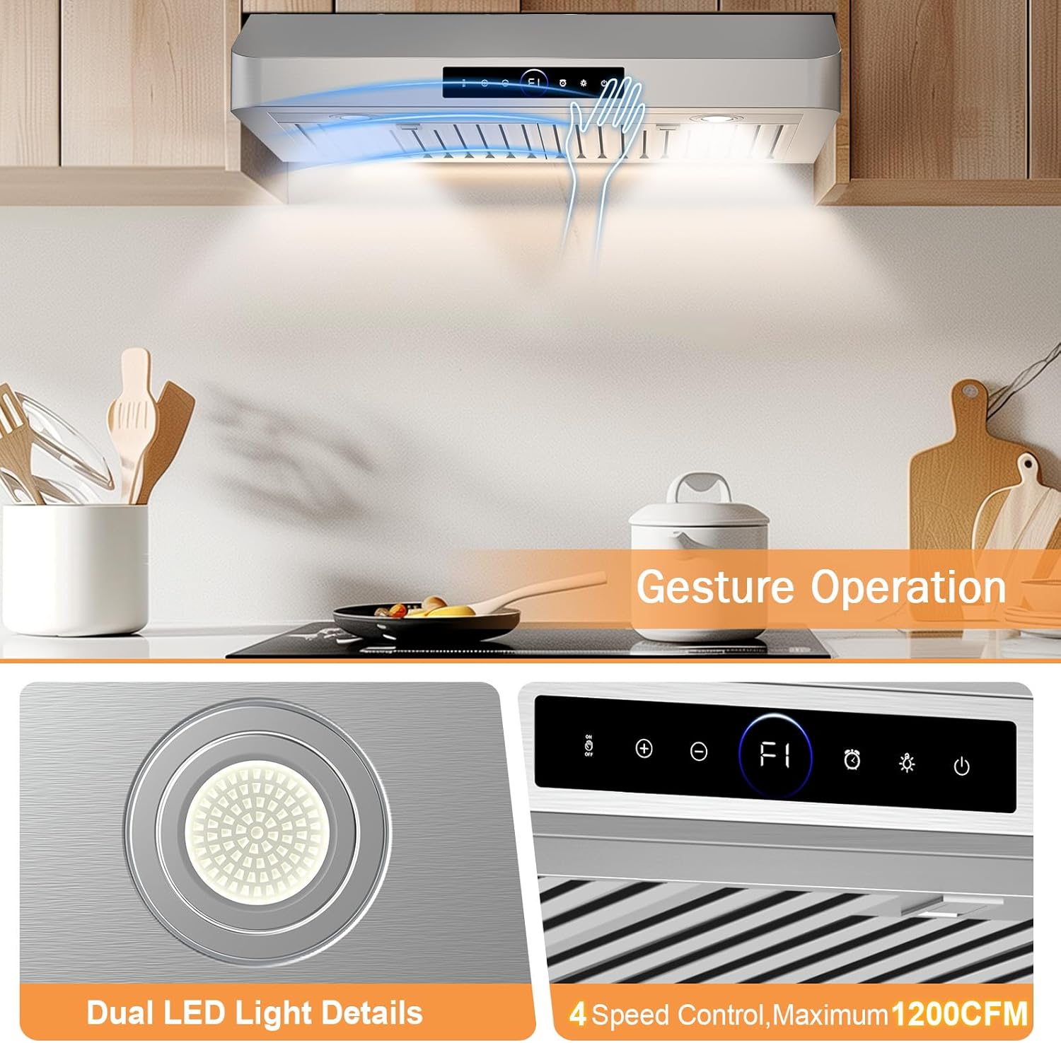 30 Inch Under Cabinet Range Hood 1200CFM, 4-Speed Kitchen Hood with Touch Control & Gesture Sensing Stainless Steel Kitchen Stove Vent Hoods with 2 LED Lights Standard Series - Image 6